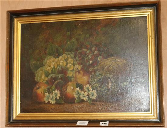 19th century English School, oil on board, still life of a birds nest and fruit on a ledge, 36 x 49cm
